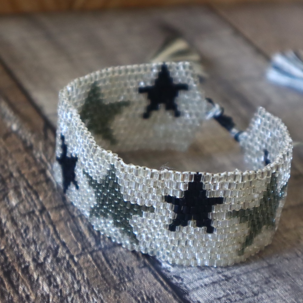 Silver and Black Star Miyuki Seed Bead Bracelet with Tassels